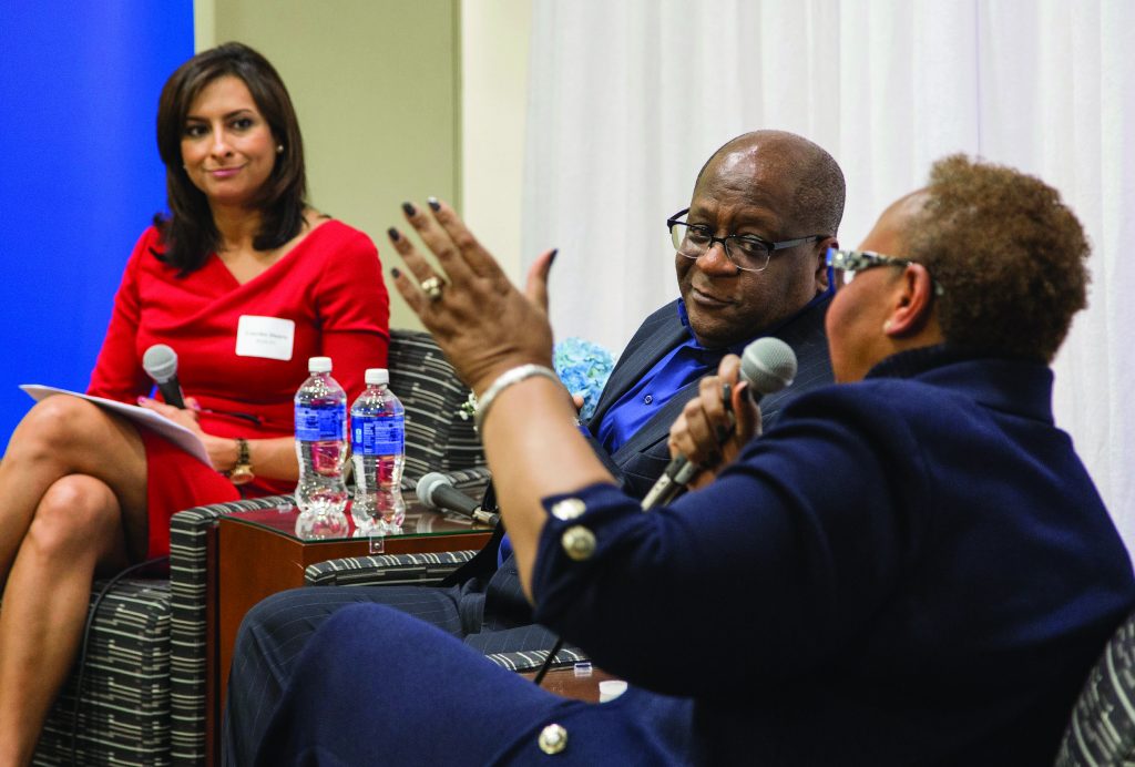 WGN-TV Anchor <strong>Lourdes Duarte (CMN ’99)</strong> moderated “Celebrate Diversity in Driehaus,” a discussion of diversity in business, with chief diversity officers Greg Jones of United Airlines and Patricia Sowell Harris of McDonald’s.