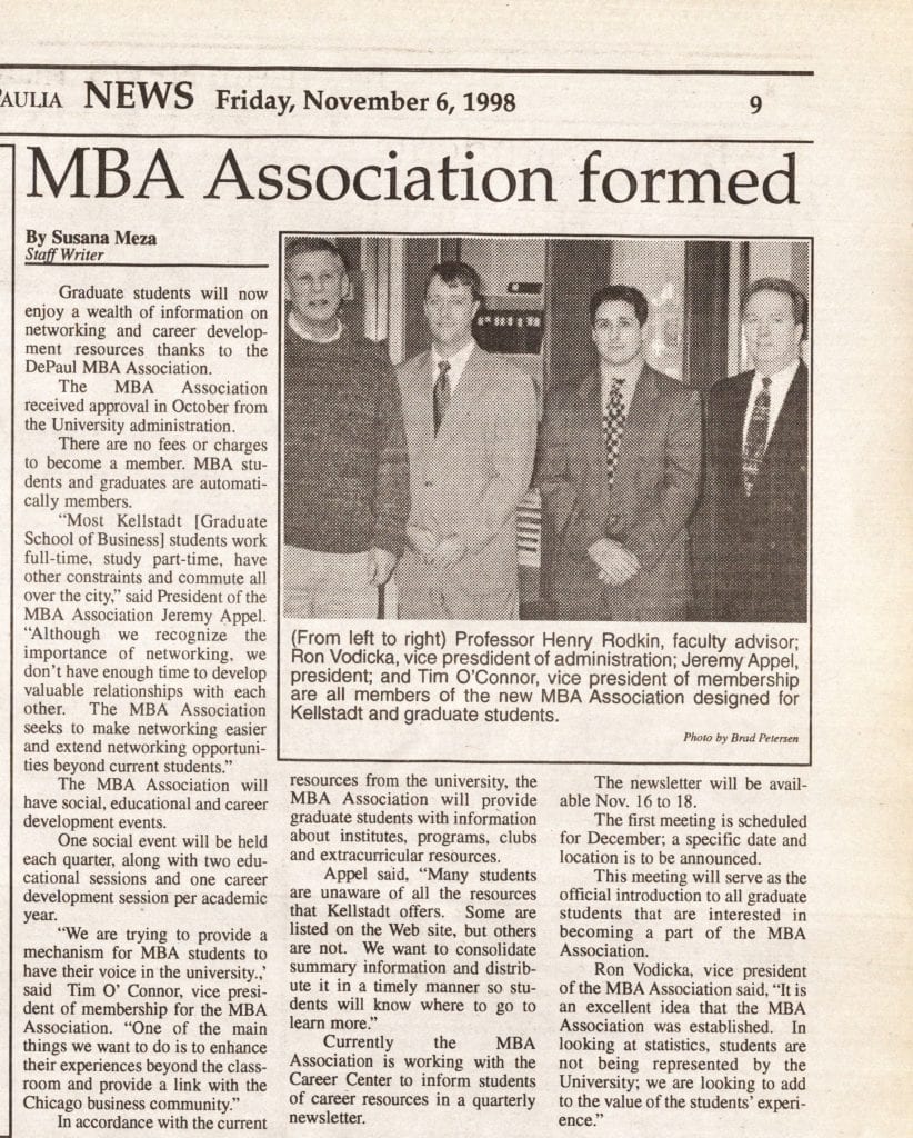 DePaul MBA Association newspaper clipping