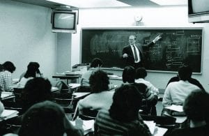 Black and white photo of a DePaul business class.