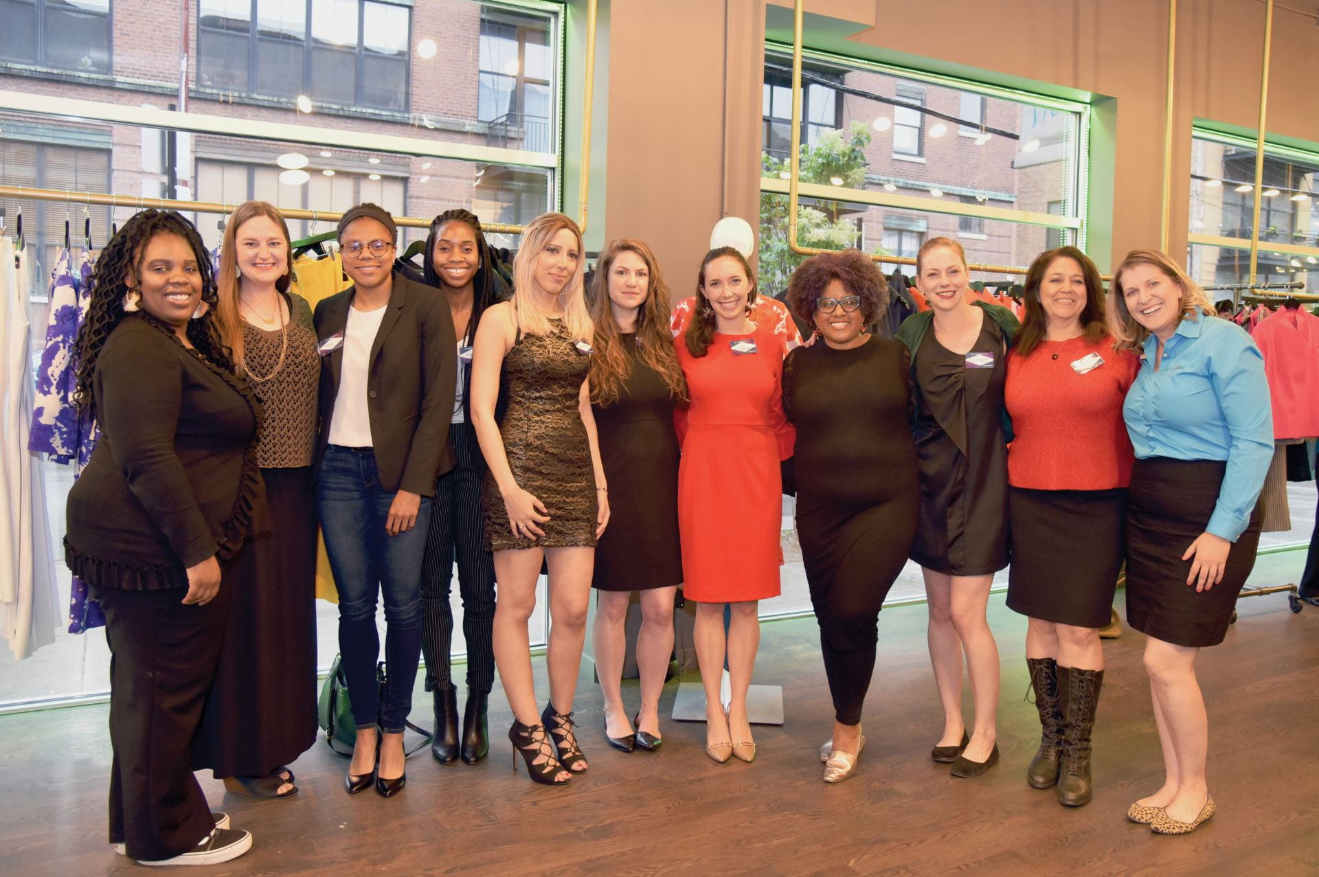 Women business founders in the first WEI accelerator cohort celebrate completing the program (left to right): Jennifer Spraggins (MBA ’18), Melissa Ames, DePaul student Parker English, Margaret Bamgbose, Soumaya Yacoub, WEI director Abigail Ingram (LAS MA ’15, JD ’18), Elise Gelwicks, Nika Vaughn, Elizabeth Ames-Wollek (MBA ’15), Nora Wall and Michelle Frame. Not pictured: Ariana Lee (BA ’19)