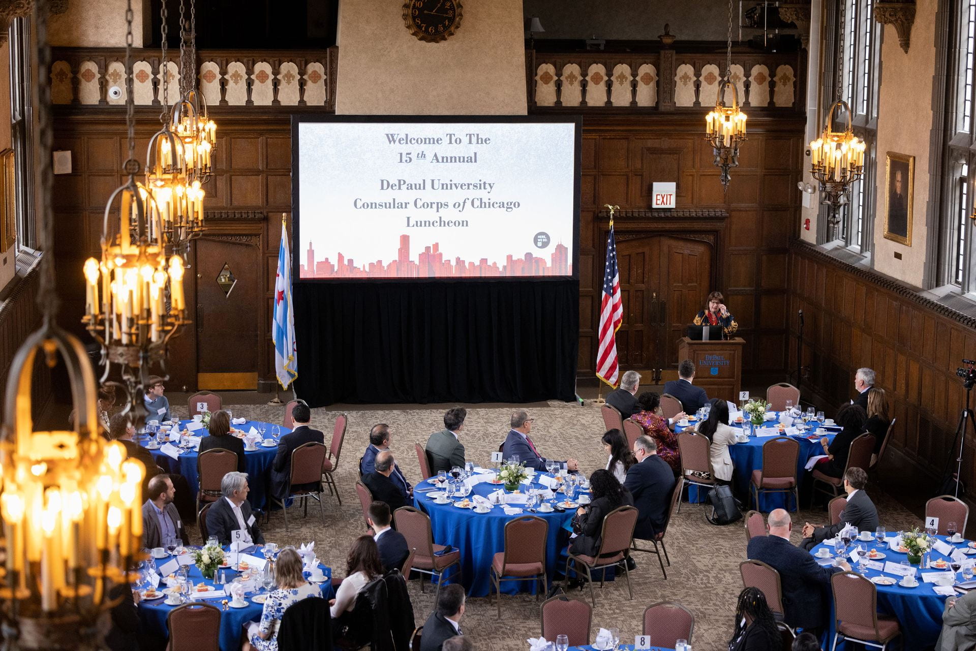 Natalie Jaresko (BUS ’87) was the keynote speaker at the 15th Annual Consular Corps Luncheon, hosted by The Grace School of Applied Diplomacy at DePaul. The event—attended by consuls general representing countries from around the world, faculty and staff—returned to the Lincoln Park Campus April 28 after a two-year hiatus. 