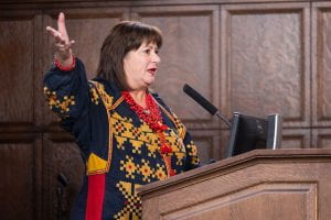 Natalie Jaresko (BUS ’87), an American-Ukrainian investment banker who previously served as Minister of Finance of Ukraine, delivered a speech at the 15th Annual Consular Corps Luncheon, hosted by The Grace School of Applied Diplomacy at DePaul. | Photo by Jackson Junkin