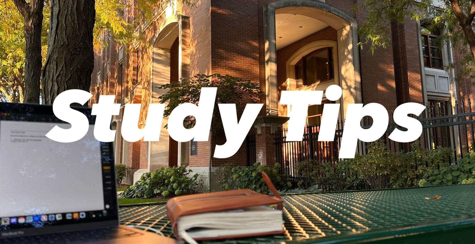 Text “Study tips” with a photo of the library, laptop and a diary in the background.