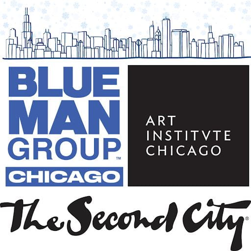 An arrangement of logos, with an illustration of the Chicago Skyline at top. Featured in the image are the logo for Blue Man Group, the Art Institute of Chicago, and The Second City.
