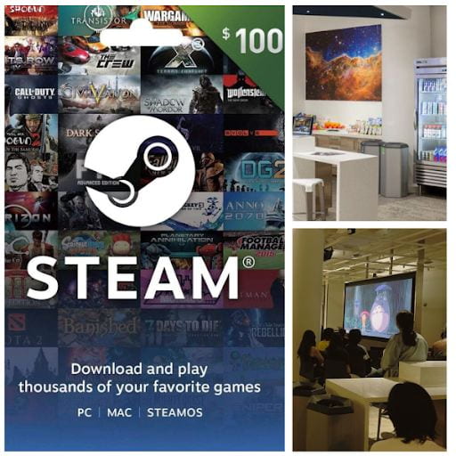 Three images. At left, a Steam video game platform giftcard for $100. At right, two images of DePaul's Jarvis College of Computing and Digital Media; a snack/kitchen area and a screening room playing "My Neighbor Totoro."