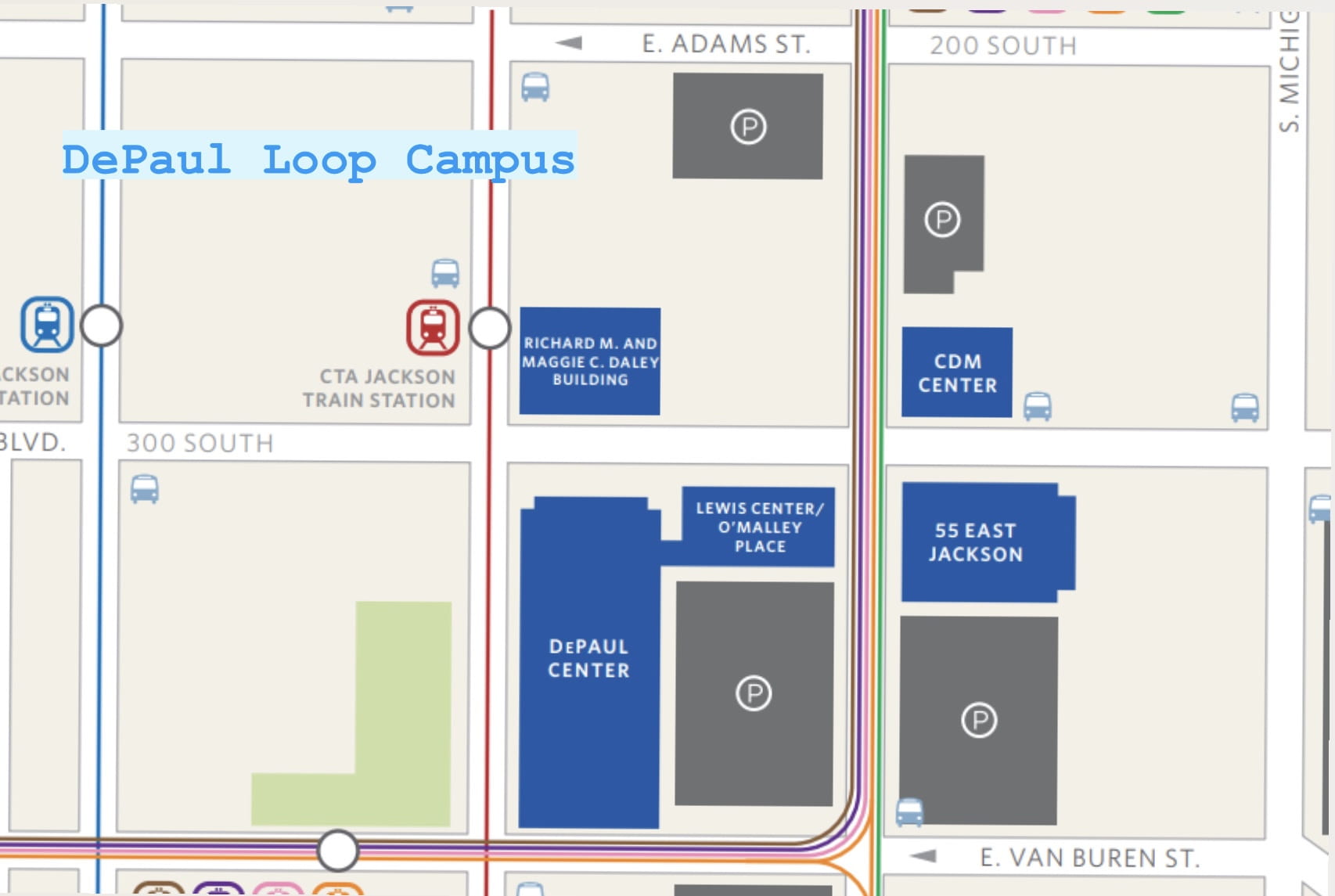 A map of DePauls loop campus in Chicago, outlining the different buildings and “L” lines.