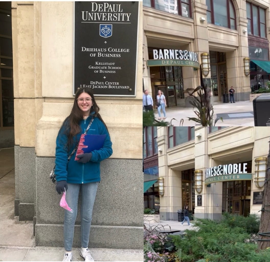  Sienna, a college student in a blue jacket outside the DePaul campus in the loop. In front of the sign “DePaul University Driehaus College”. One the left side two different angles of DePaul’s Center Barnes and Noble entrance.