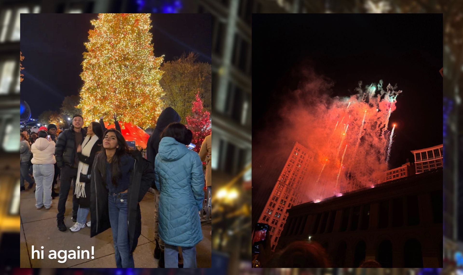 A montage of two images. One of a girl in front of a decorated Christmas tree; a Firework show from Chicago City.
