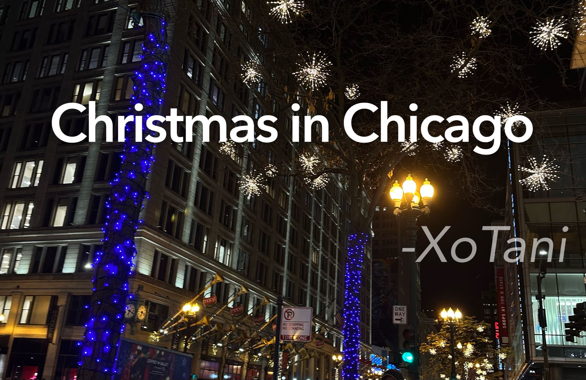 An image of Christmas lights on streets with the caption “Christmas in Chicago - XoTani” on it.