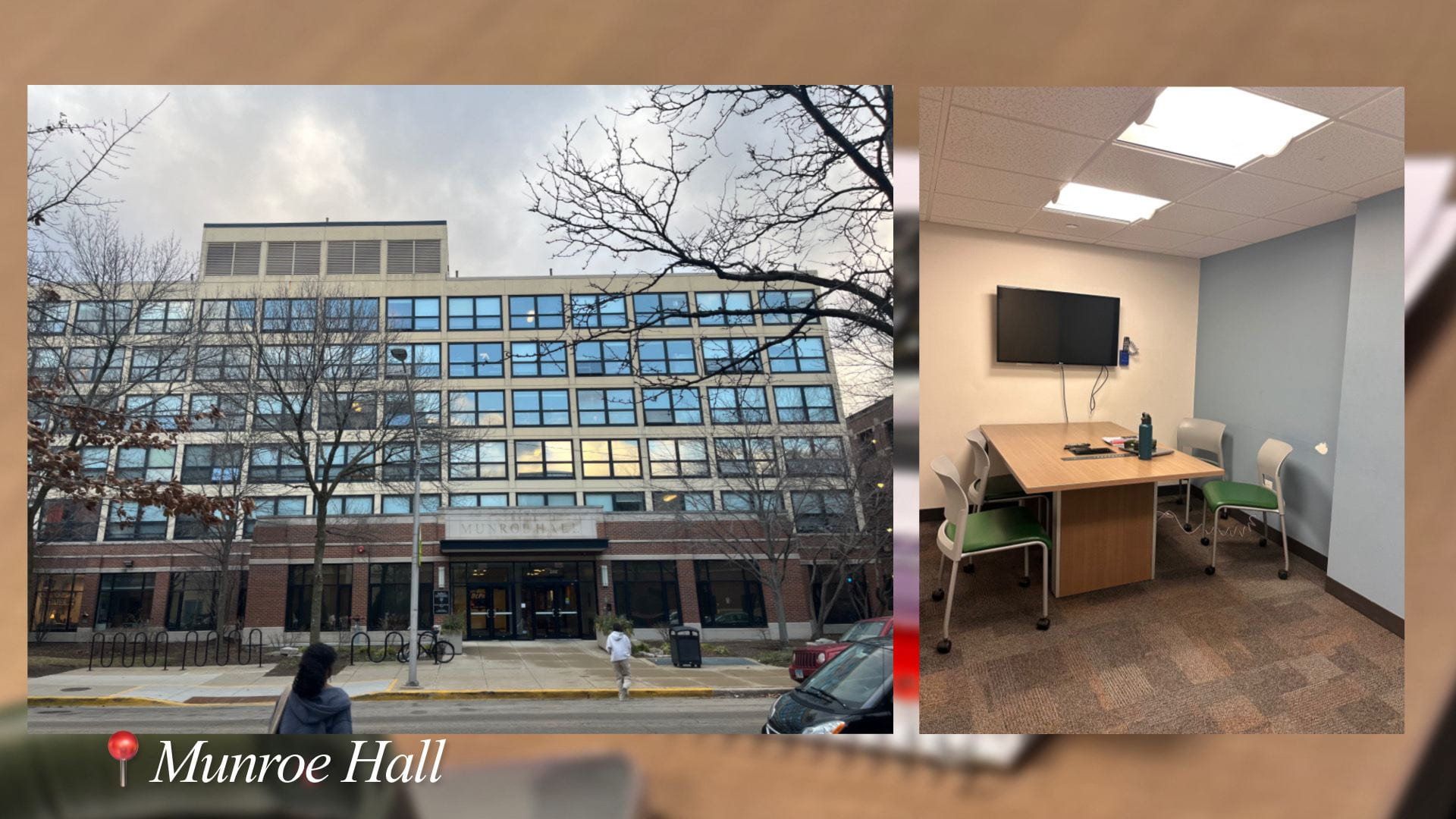  An image of a building (Munroe Hall) and an image of a study room.