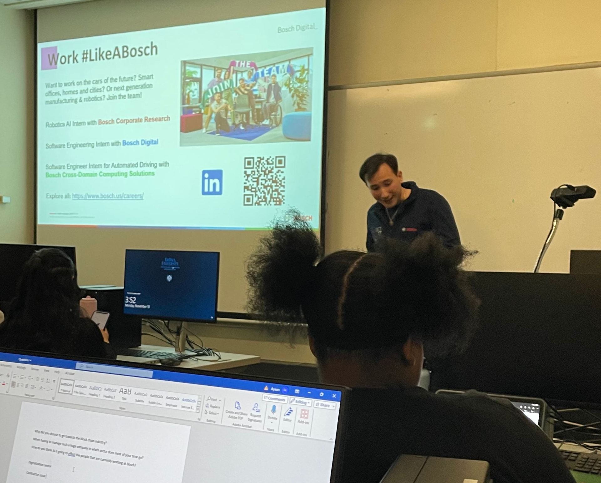 A speaker from Bosch presents about what it’s like to work at the company during a meeting of the DePaul University Computer Science Society.