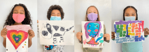 Kids display their art as part of the Give Kids Art program, a 501(c)(3) nonprofit that provides art programming and art kits to underserved children.
